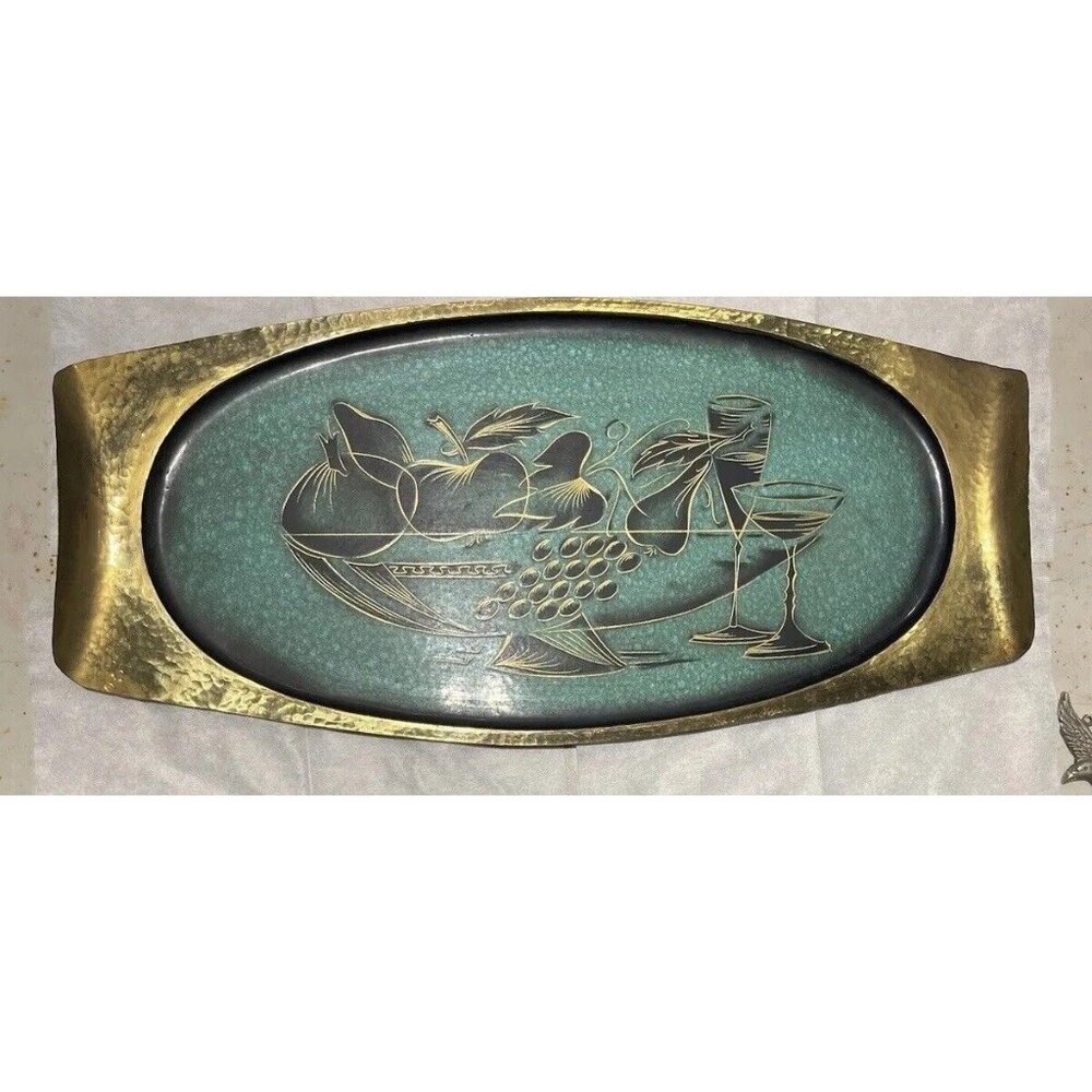 Vintage Metal Tray Oppenheim Israel MCM Hand Made Fruit Bowl Brass Verdigris